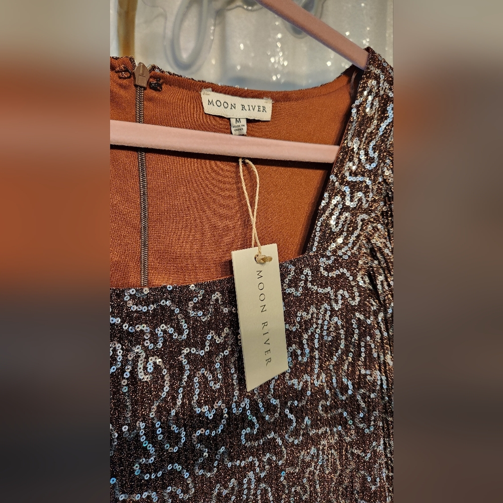 NWT Size M Anthropologie Moon River Sequin Babydoll Mini Dress Brown Silver - Picture 6 of 6